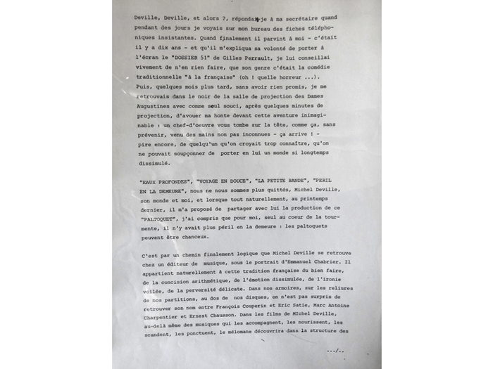 Daniel Toscan du Plantier au sujet du Dossier 51. Note de production du Paltoquet. [DEVILLE383 B74]