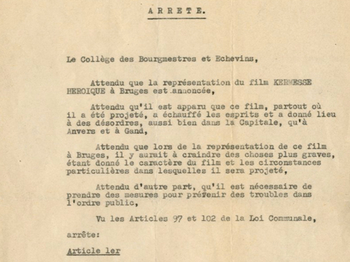 Arrêté d'interdiction du film à Brugges, fonds Charles Spaak