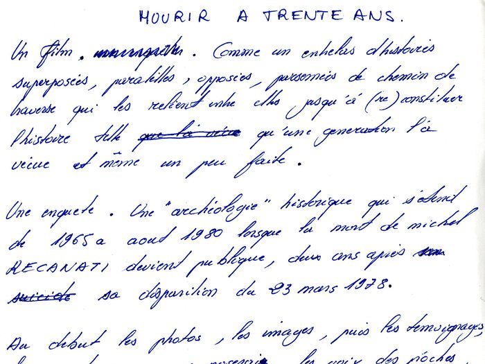 Brouillon de note d'intention pour "Mourir à 30 ans" (Archives GOUPIL 73 B17 "Mourir à trente ans" : "Original Reca")