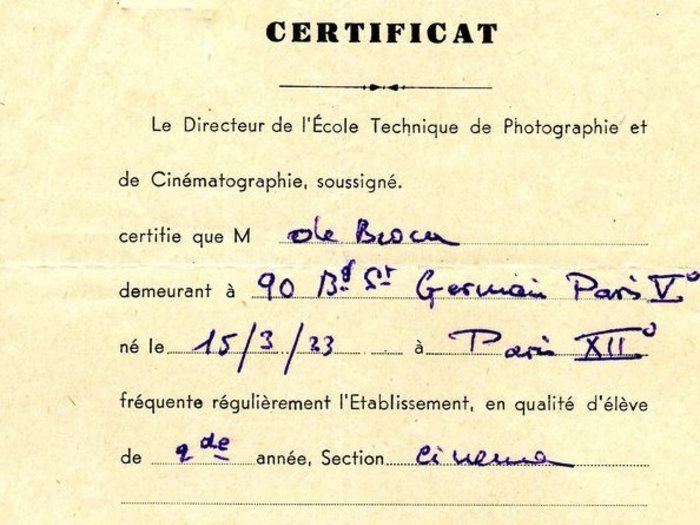 Certificat de l'ETPC (Fonds Philippe de Broca)