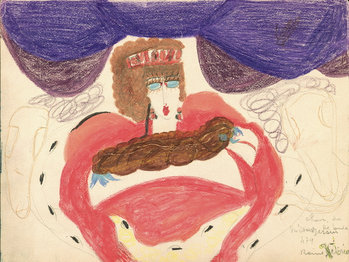 Char de lumière de toutes les Russies - Reine Victoria (détail, recto de l'œuvre double face), c. 1941, mine de graphite, pastel et crayon de couleur sur papier, 29,8 x 22,4 cm © Aloïse