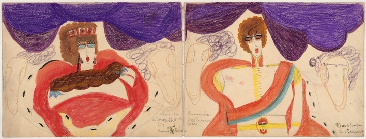 Char de lumière de toutes les Russies – Reine Victoria et Tsar de toutes les Russies (recto de l'œuvre double face), c. 1941, mine de graphite, pastel et crayon de couleur sur papier, 44,8 x 30 cm © Aloïse