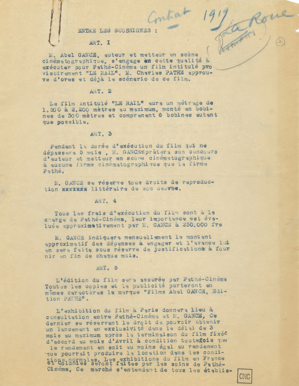 Contrat entre Abel Gance et Charles Pathé pour un film intitulé provisoirement Le Rail, p.2. Fonds Abel Gance - Collection Cinémathèque française