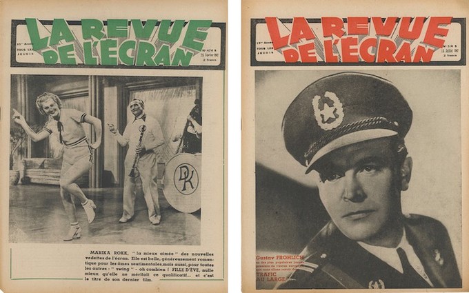 En couverture de La Revue de l'écran, Marika Rökk dans le n°574B du 26 février 1942 et Gustav Frohlich dans le n°514B du 16 juillet 1942