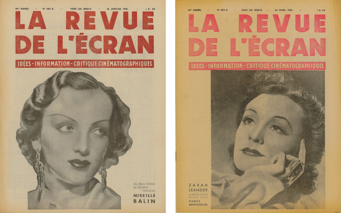 En couverture de La Revue de l'écran, Mireille Balin dans le n°365B du 16 janvier 1941 et Zarah Leander dans le n°393B du 24 avril 1941