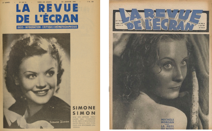 En couverture de La Revue de l'écran, Simone Simon (n°367B du 23 janvier 1941) et Michèle Morgan (n°486B du 9 avril 1942)