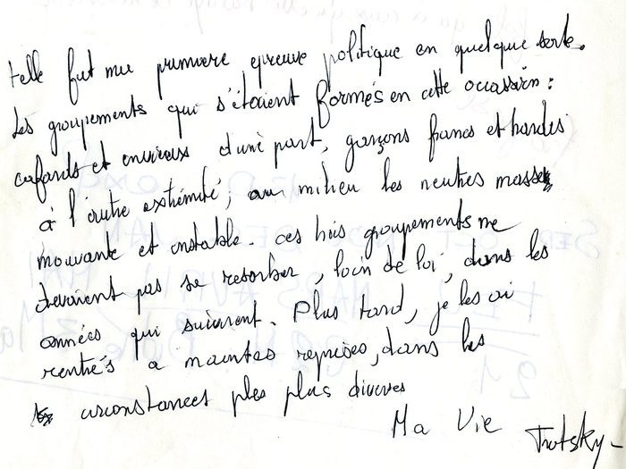 Extrait sélectionné par Goupil de "Ma Vie de Trotsky" (Archives GOUPIL 52 B10 – [Projet "Oui Mai"] : "notes")