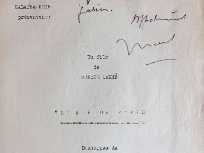 « Pour toi, Roland, en souvenir de ton tout premier grand rôle, où tu ne fus pas inférieur au « monstre » Gabin. Affectueusement. Marcel » Découpage technique dédicacé par Carné à Lesaffre. CARLES3B1