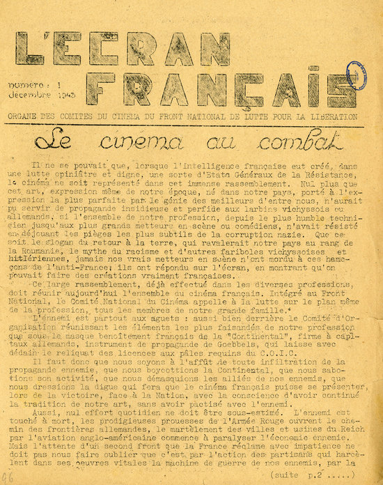 L'Ecran français n°1 de décembre 1943