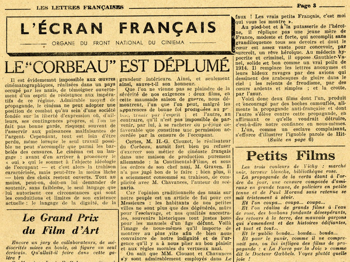 L'Ecran français n°14 dans Les Lettres françaises de mars 1944