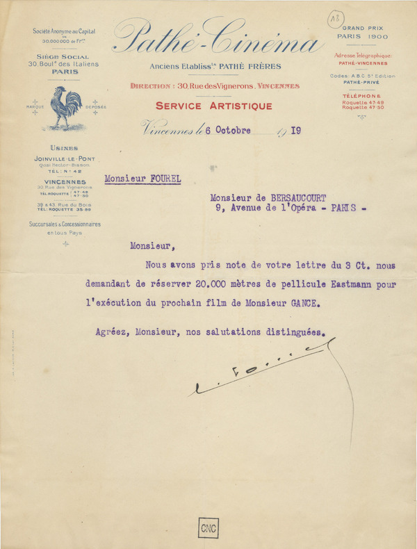 Lettre à E. de Bersaucourt, 6 octobre 1919, fonds Abel Gance, coll. la Cinémathèque française