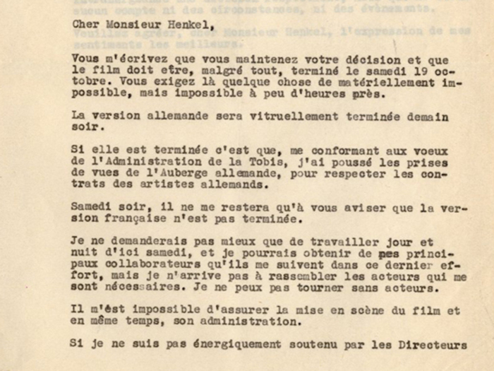 Lettre de Jacques Feyder au Dr Henckel, 17 octobre 1935