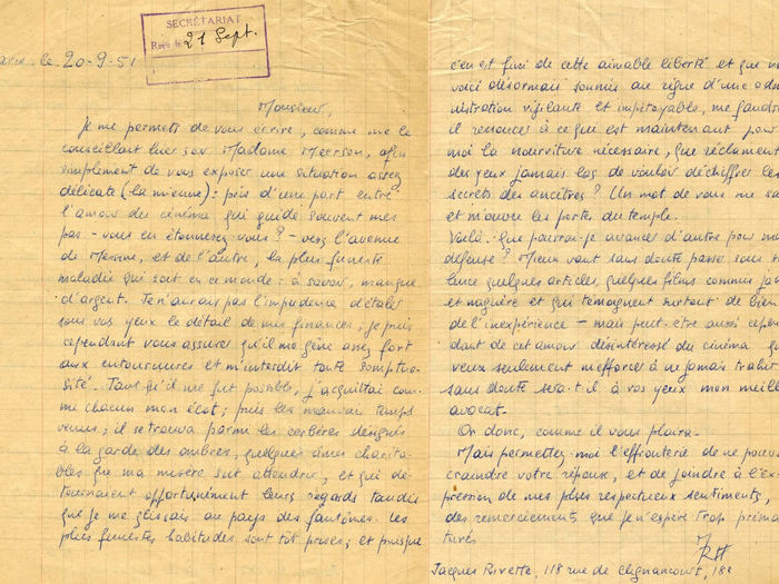 Lettre de Jacques Rivette à Henri Langlois