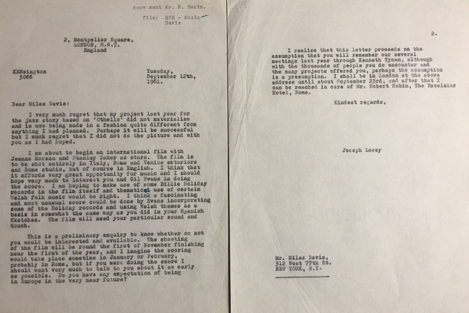 Lettre de Joseph Losey à Miles Davis du 17 septembre 1961