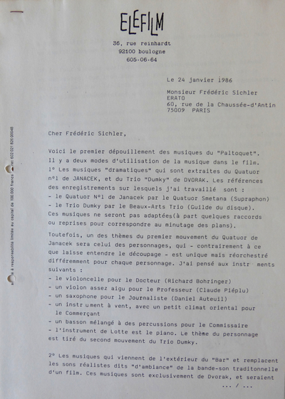 Lettre de Michel Deville à Erato pour l’utilisation du Quatuor n°1 de Janacek et du Trio Dumky de Dvorak dans le Paltoquet