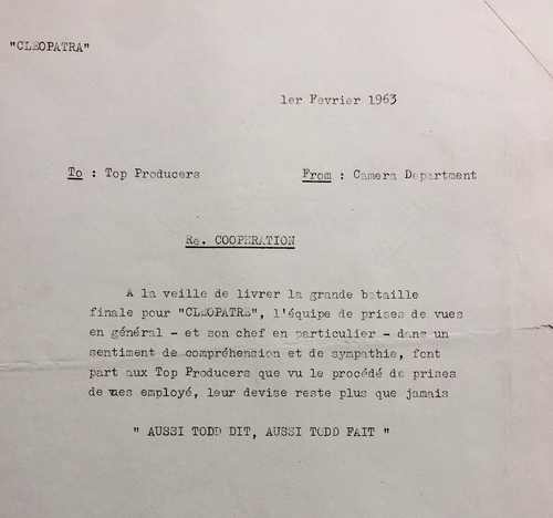 Note de l'équipe de prise de vue à la direction de la production, 1er février 1963 (Fonds Lucie Lichtig)