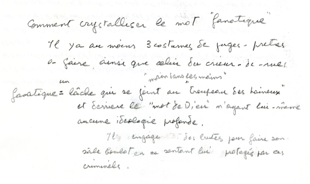 Note de travail manuscrite (en français) de Youssef Chahine pour la préparation du film Le Destin [CHAHINE 49 B19] 