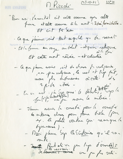 Notes sur une conversation avec Michel Piccoli au sujet de La Femme en bleu 