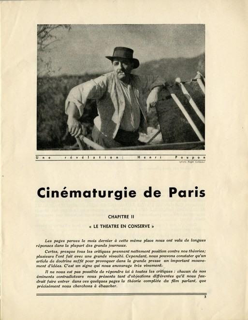 Première page de l'article « Cinématurgie de Paris » (2ème partie) de Marcel Pagnol, Cahiers du film n°2, 15 janvier 1934.