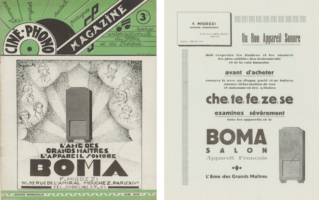 Publicité pour l'appareil sonore BOMA en couverture de Ciné-phono magazine n° 3 (juin 1930) et dans le n° 5 (août 1930)