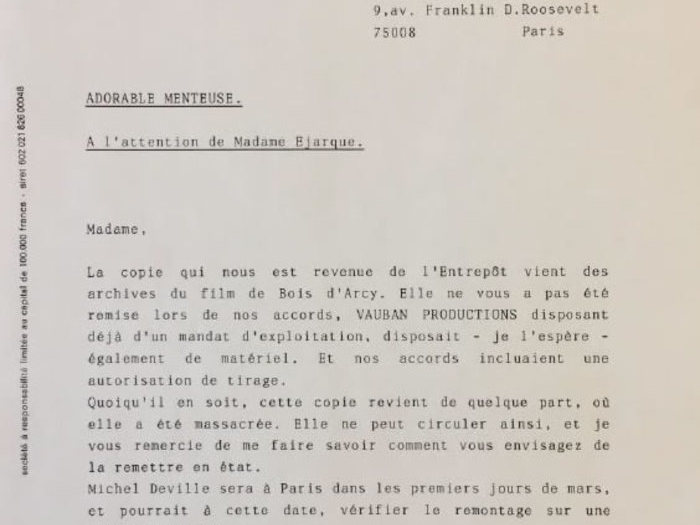 Producteur, un travail sur le long terme. Adorable Menteuse, contrat de licence (2009) et suivi de copie (1989). Fonds d’archives DEV 557B150