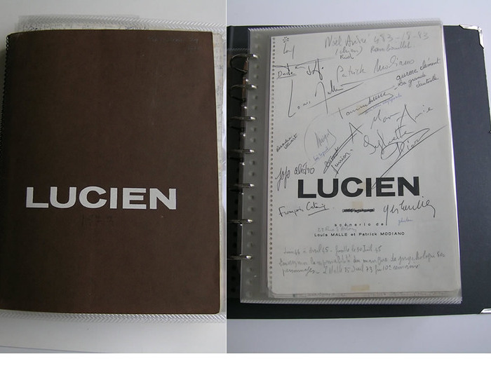 Le script de Lucien avec ses deux cahiers à spirales, et la page de titre avec les signatures de l'équipe du film