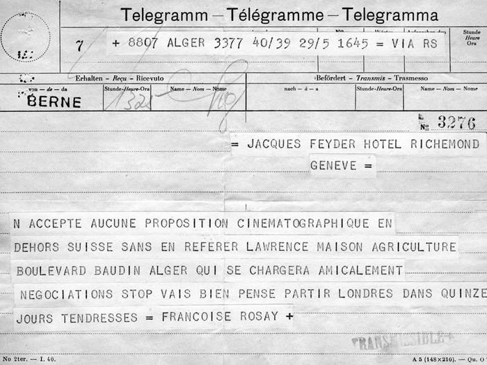 Télégramme de Françoise Rosay à Jacques Feyder