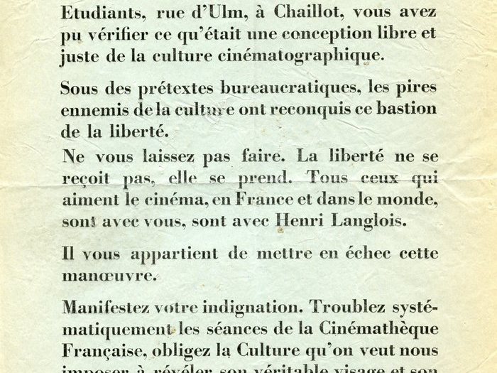 Tract de soutien lu par Jean-Pierre Léaud pendant les manifestations et repris dans "The Dreamers" de Bernardo Bertolucci en 2002 par Jean-Pierre Léaud et Jean-Pierre Kalfon