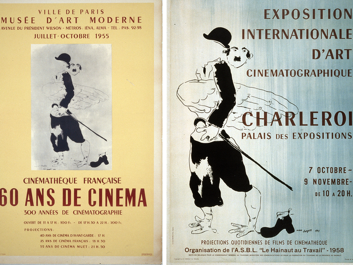 Un dessin de Marc Chagall décliné sur deux affiches : l’exposition 60 ans de cinéma en 1955 à la Cinémathèqueet son avatar belge à Charleroi en 1958 (Marc Chagall © ADAGP Paris 2022)