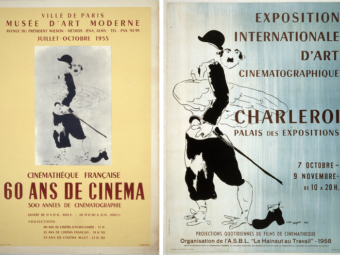 Un dessin de Marc Chagall décliné sur deux affiches : l’exposition 60 ans de cinéma en 1955 à la Cinémathèque et son avatar belge à Charleroi en 1958 (Marc Chagall © ADAGP Paris, 2022)