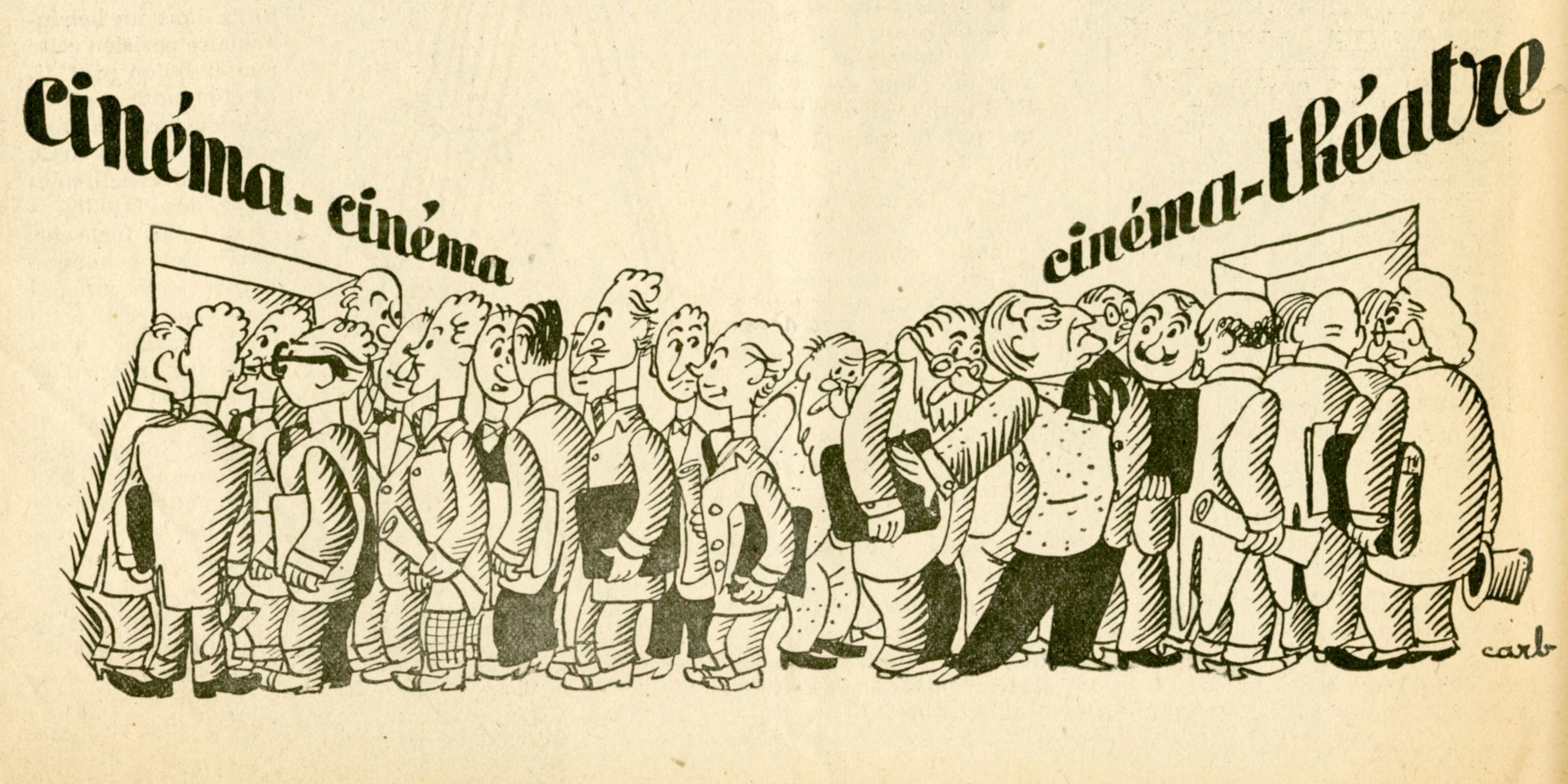 Dessin humoristique de Carb, représentant les partisans du « cinéma-cinéma » opposés au « cinéma-théâtre » : on voit très nettement Sacha Guitry dans le camp du cinéma-théâtre, mais pas Pagnol ! (Les Cahiers du film n°40 de novembre 1942)