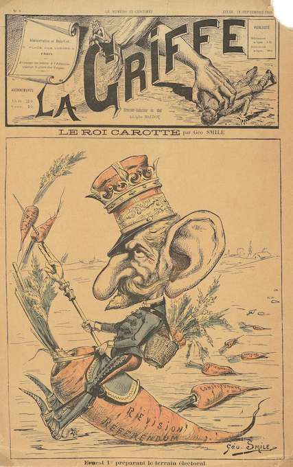 Le Roi Carotte (Ernest 1er préparant le terrain électoral), couverture illustrée par G. Méliès. La Griffe n°21 (26 décembre 1889)