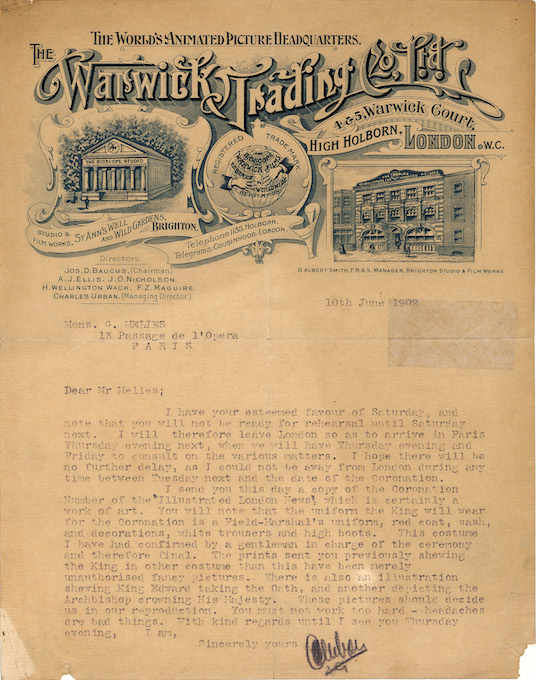 Lettre de Charles Urban à Georges Méliès, 11 avril 1902 pour Le Sacre d'Edouard VII 