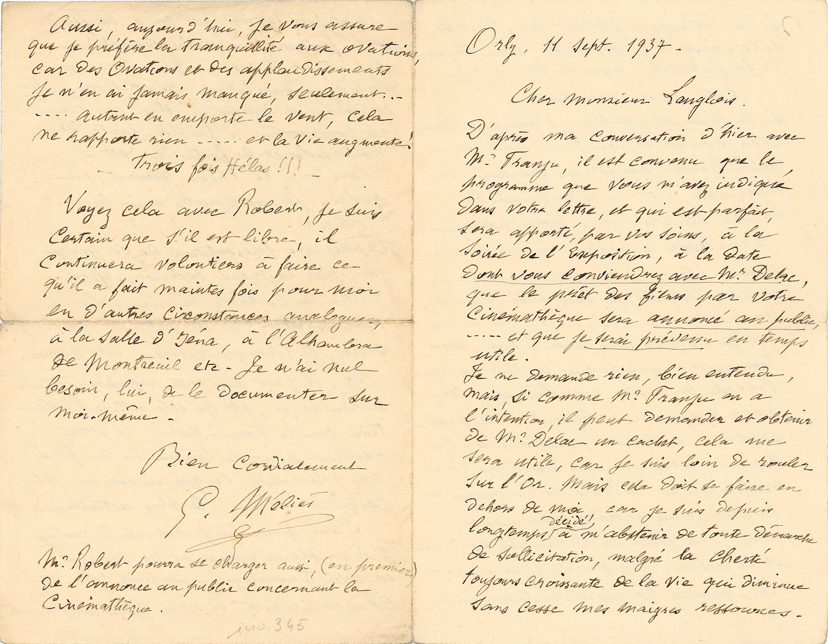 Lettre de Georges Méliès à Henri Langlois (11 septembre 1937).