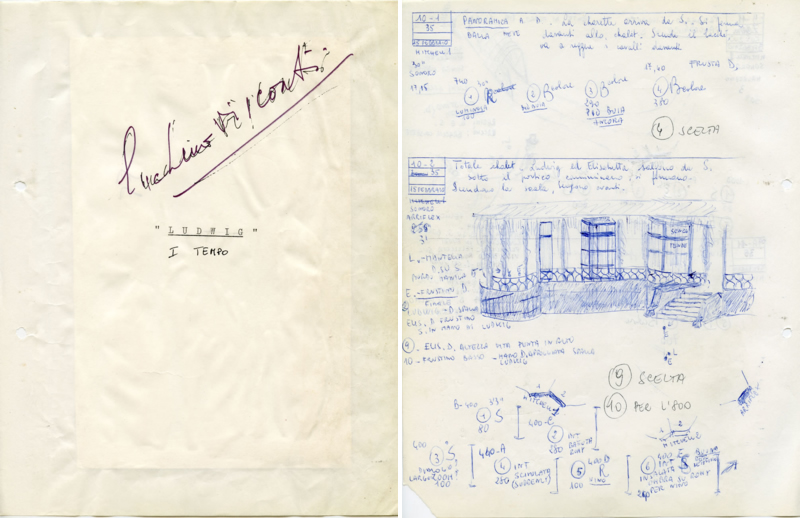 Première page du scénario de tournage de Renata Franceschi  signé par Visconti (à gauche) / Le document indique le numéro de séquence et la description de la scène, le dialogue, le lieu,  les mouvements de caméra, le placement des personnages, le type de lumière (à droite).