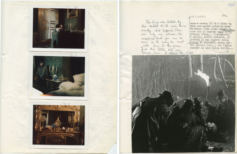 Polaroids de tournage (à gauche) / Dernière page du scénario de tournage, séquence de la mort du roi (à droite).