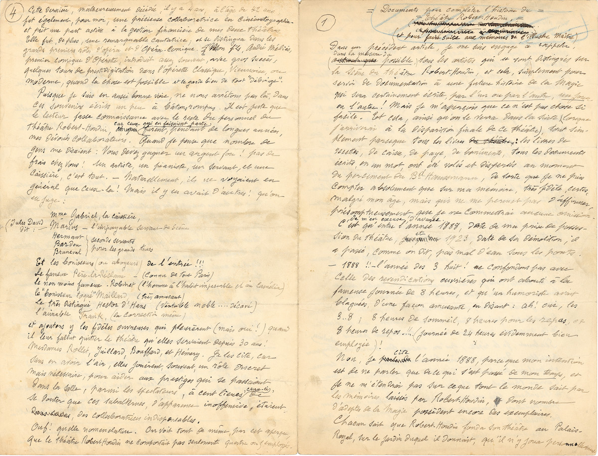 Manuscrit de Méliès pour son article sur l’histoire du théâtre Robert-Houdin.