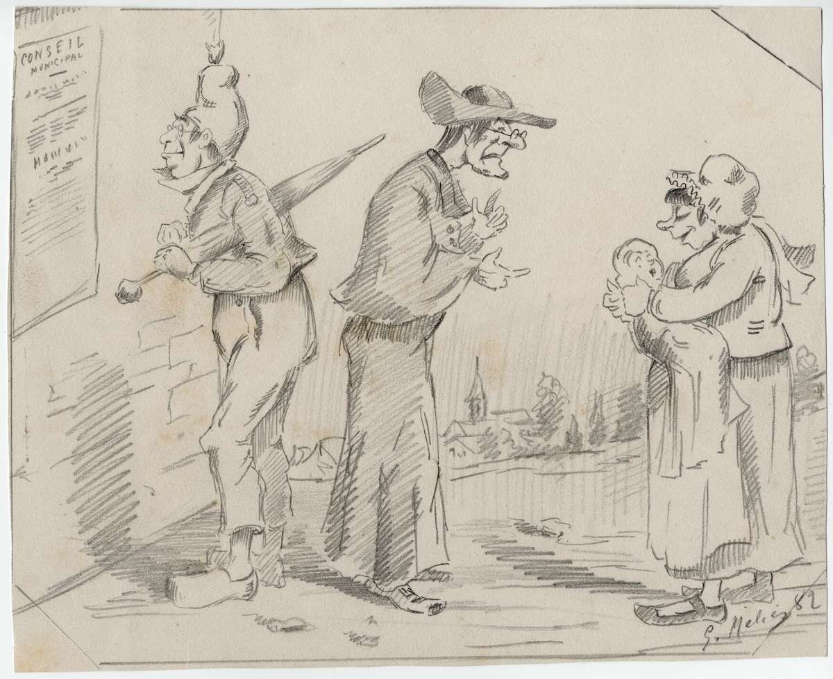 Paysan lisant une affiche. Dessin humoristique de Georges Méliès (17,4 x 22 cm, mine de graphite, 1882)