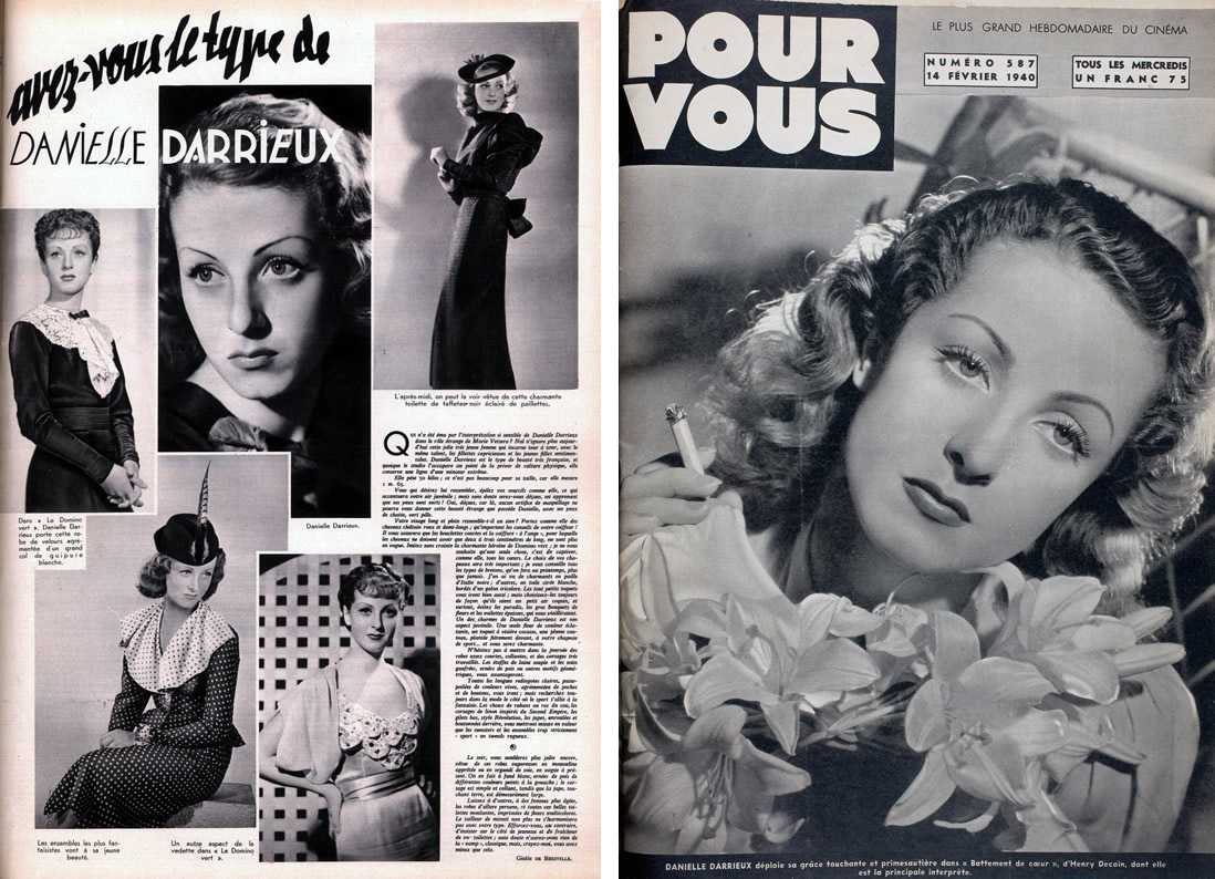 Pour Vous n°382 (12 mars 1936) "Avez-vous le type Danielle Darrieux" (article de Gisèle de Biezville) / Pour Vous n°587 (14 févier 1940) dans "Battement de cœur" d'Henri Decoin