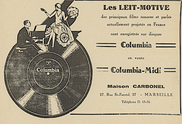 Publicité locale pour Columbia-Midi; dans La Revue l'écran n°44 (Noël 1930)