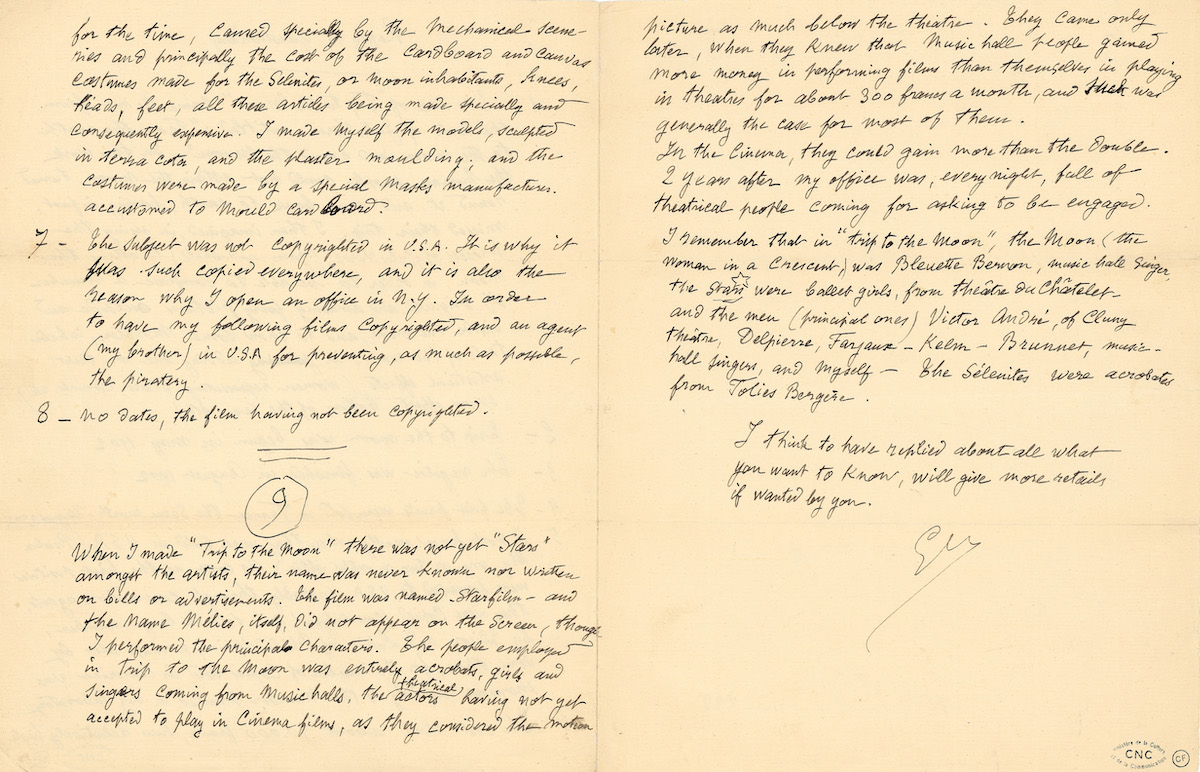 Reply to Questionnary. Réponse de Méliès au questionnaire de Jean Acmé Le Roy sur Le Voyage dans la lune