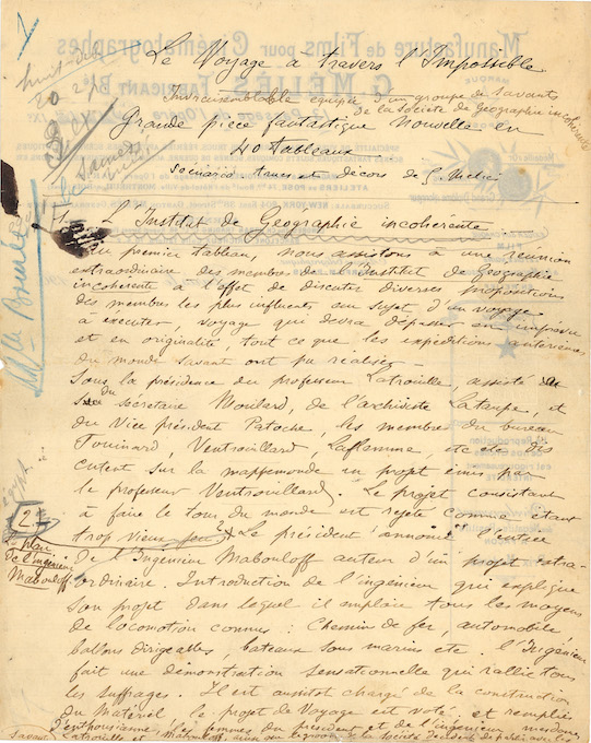 Synopsis du Voyage à travers l'impossible, 1904, de la main de G. Méliès.